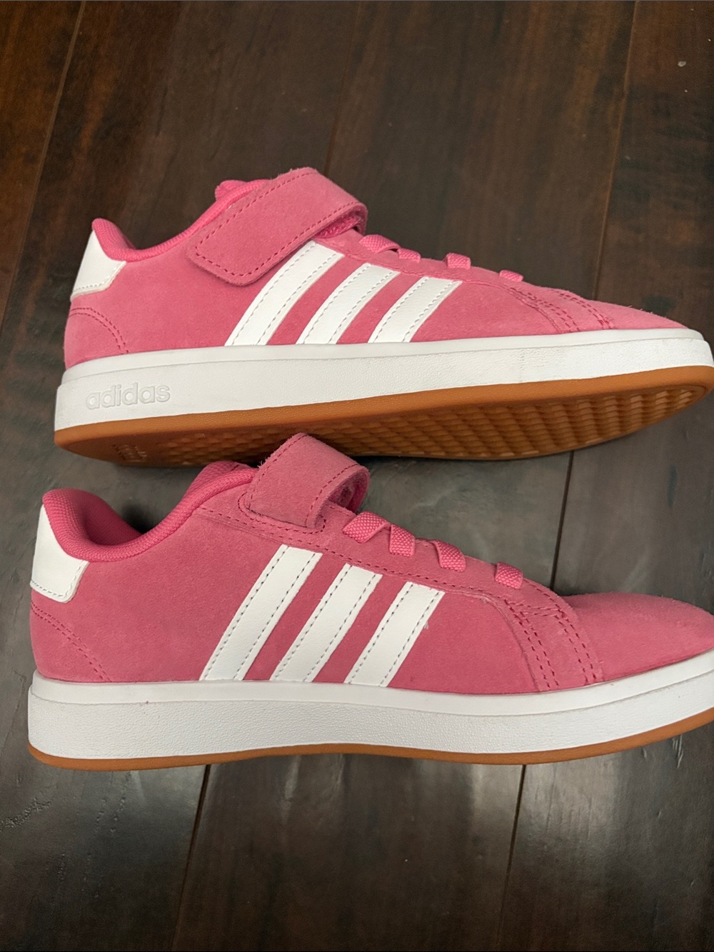 New Adidas court.  Pink Suede Kids Sneakers with White Stripes Velcro!! No ties